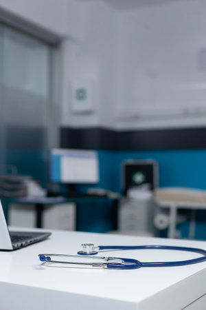 Hospital modern lab workplace with stethoscope on table and clinic related contemporary furniture....