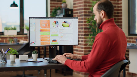 Businessman doing research analysis on computer screen to plan financial statistics with charts and...