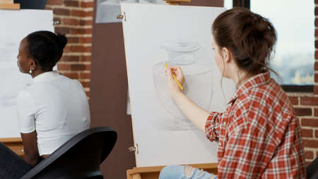 Future artist drawing inspiration model to create sketch in art class program, learning new skills...