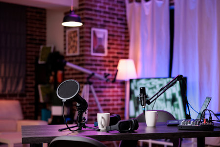 Nobody at empty desk with streaming equipment to broadcast live conversation on social media. No people in space with podcast station, microphone and headphones, sound production.の写真素材