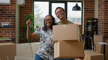 Portrait of african american couple showing apartment keys on camera, moving in first home together. Owning real estate property, buying new household on mortgage loan to move in.の写真素材