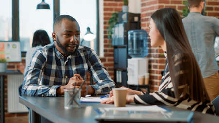 HR employee greeting job seeker to talk about work recruitment, interviewing candidate at work...