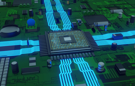 CPU motherboard with artificial intelligence and brain illustration, microchip circuit on microprocessor with neural science. Nervous system and human mind illustration. 3d render animation.の写真素材