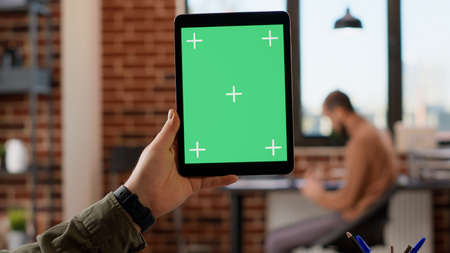 Company employee holding digital tablet with greenscreen in startup office, using isolated copyspace...