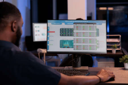 Startup employee analyzing real time stock market sales and statistics, using global trade exchange...