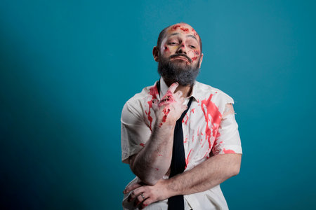 Dangerous cruel zombie brainstorming ideas, acting pensive and thoughtful while having bloody...