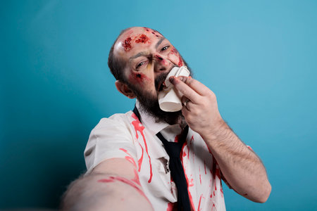 Halloween monster eating carton cup on camera, taking picture over blue background. Dangerous looking evil zombie biting on coffee cup to act frightening and scary, creepy deadly devil.の写真素材