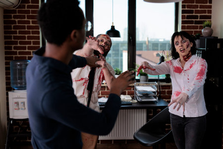 Angry cruel zombies chasing frightened man in business office, looking dangerous and creepy. Spooky evil monsters attacking person to kill, having bloody scars and wounds, being aggressive.の写真素材