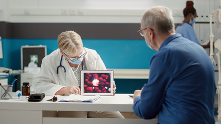 Specialist and old patient with face mask analyzing virus illustration on digital tablet at checkup...