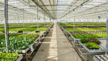 Hydroponic enviroment in greenhouse with irrigation system and control pannels growing different types of organic lettuce for local market. Bio food being grown organically with no pesticides.の写真素材
