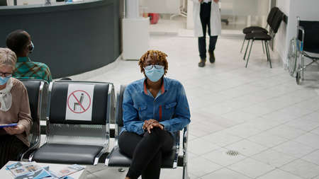 General practitioner inviting patient in medical office for checkup visit, waiting in hospital...