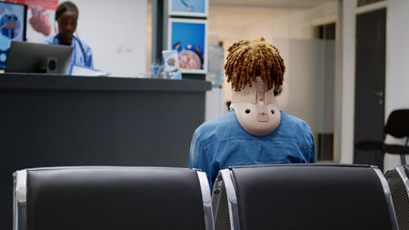 Injured patient with medical neck collar sitting in waiting area lobby at healthcare clinic, doing consultation to cure accident injury and pain. Woman wearing cervical foam in hospital waiting room.の写真素材