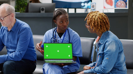 Medical assistant showing laptop with greenscreen to young patient in waiting room lobby. Using...