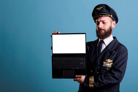Serious airplane pilot showing laptop with empty white screen, aviation academy software...
