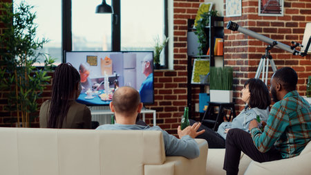 Multiethnic group of friends watching drama film on tv, enjoying movie on channel program. Looking...