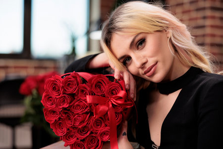 Woman posing with red roses close up portrait, receiving valentines day luxury present. Attractive blonde girlfriend with flower bouquet box, love holiday greeting, gifts delivery conceptの写真素材