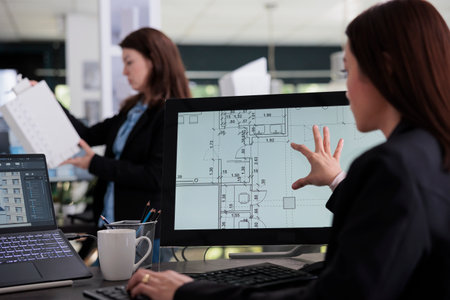 Woman working in room floor planner software, zooming in project draft, designing interior in 2d...