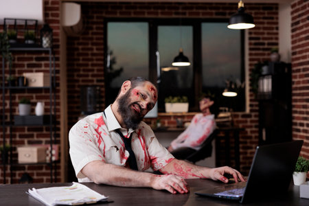 Portrait of zombie businessman sitting at desk, looking creepy and terrifiyng in company office. Brain eating cruel monster with bloody wounds working on laptop, horrible possessed devil.の写真素材