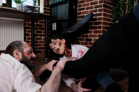 Businessman running from devil cruel zombies, escaping undead spooky monsters attack in office....