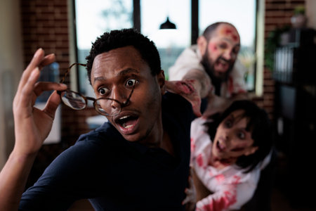 Frightened fearful man running from zombies, trying to escape from angry evil corpses with bloody wounds and scars. Businessman being afraid and scared of brain eating killer monsters.の写真素材