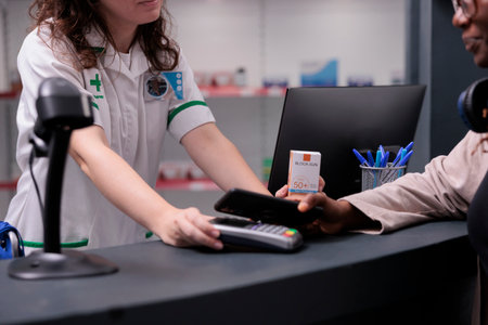 Close up of customer paying pharmaceutical shopping with modern phone in pharmacy . Woman customer...