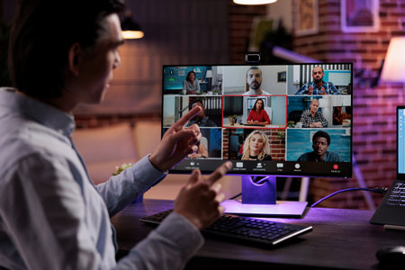 Asian employee talking on online videocall meeting with webcam on computer, working from home. Using telework videoconference to have remote conversation, internet telecommunications.の写真素材