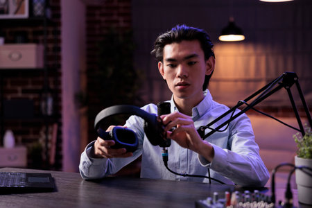 Male vlogger reviewing headphones on livestream, filming podcast video with headset product recommendation. Recording online vlog with sound station and creating social media content.の写真素材