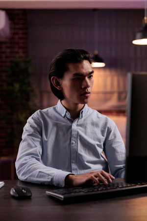 Office employee doing remote work on computer, attending online class lesson at home. Working...