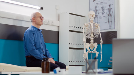 Portrait of senior patient sitting in cabinet to do consultation with medic, having appointment with specialist in doctor office. Man waiting to attend checkup visit consultation at clinic.の写真素材