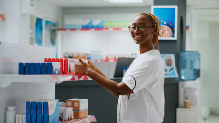Smiling african american pharmacist checking drugs on shelves in pharmacy, helping clients with medicine, holding pills bottles and boxes of vitamins. Working at drugstore desk. Handheld shot.の写真素材