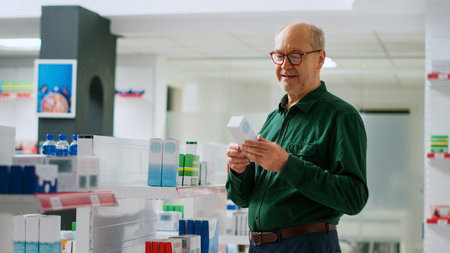 Smiling elderly person checking package of cardiology pills to buy prescription medicaments from pharmacy shelves. Old man looking at vitamins boxes to buy supplements, healthcare. Handheld shot.の写真素材