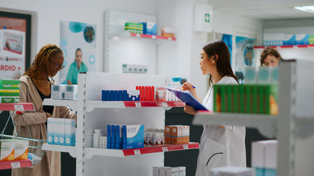 Medical worker checking pharmaceutical products and supplements on shelves in pharmacy shop. Pharmacist working with drugs and pills to help clients, looking at packages and boxes.の写真素材