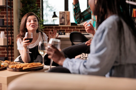 Exalted woman shouting, talking loudly arguing to different ethnicities people group at friends living room apartment dinner, drinking wine, eating bread sticks, cheese.の写真素材
