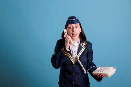 Flight attendant talking on landline phone, holding telephone, having conversation with customer. Shocked stewardess in professional uniform answering call in airport, studio medium shotの写真素材
