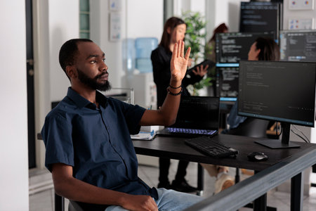 Software developer analysing ar hologram to work on html code, using holographic database interface...
