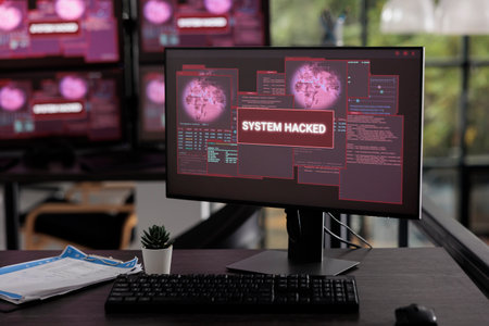 Empty it office having multiple computers flashing hacking alert and security breach, server system being hacked. Pc displays showing critical error message and malware threat warning.の写真素材