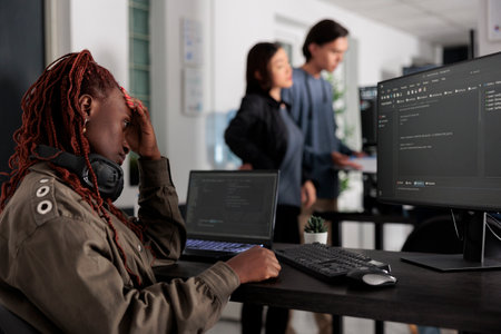 Pensive system engineer thinking at programming ideas trying to write html code and create new interface in data room. Web developer working at database in artificial intelligence developing agency.の写真素材