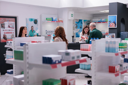 Elderly client asking drugstore worker for pharmaceutical vitamin during medical consultation in drugstore. Helpful pharmacist recommending supplements for healthy immune system to old customerの写真素材