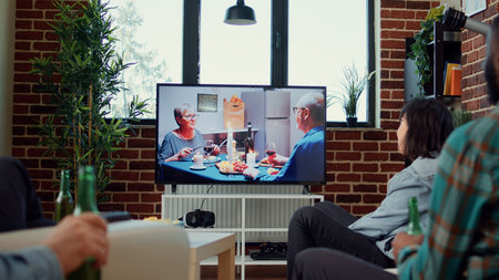 Diverse people having fun watching drama movie on television, drinking beer from bottles at home...