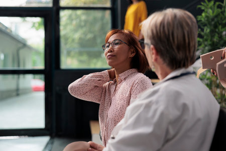 Asian patient removing medical neck collar with doctor and assistant, receiving help from specialists. Woman wearing cervical brace to recover after accident injury, doing checkup at hospitalの写真素材