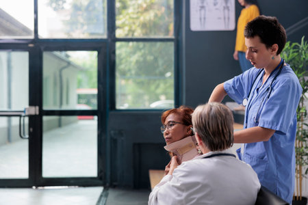 Specialists helping injured woman to remove cervical neck collar during consultation in hospital waiting room. Nurse and physician doctor giving support to old patient, rehabilitation therapy.の写真素材