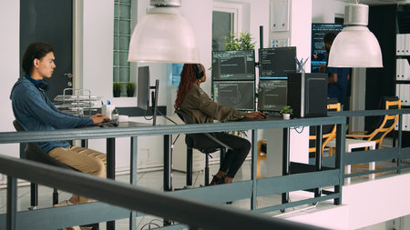 Software developer typing programming code on computer keyboard, innovating online cloud computing....