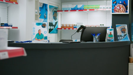 Drugstore desk and shelves having boxes of pills and medication, containers of medicaments and supplements. Empty pharmacy shop with drugs packages and pharmaceutical products.の写真素材