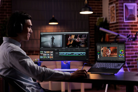 Young videographer working on video production, editing multimedia montage and movie footage to create agency content. Using software on computer to edit professional film with color grading effects.の写真素材