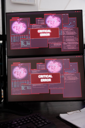 Empty data room with multiple monitors showing hacking attack alert, software agency dealing with...