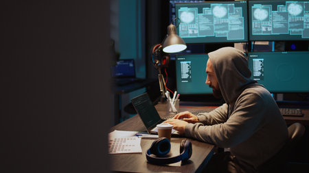 Dangerous coder hacking server to destroy information, breaking into corporate data servers using laptop and multiple screens. Trying to hack database and steal big data, cyberattack. Handheld shot.の写真素材