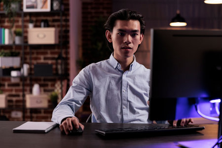 Office employee working on freelance task, creating business report on computer and planning...