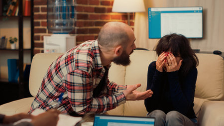 Unhappy woman attending couple therapy session with husband, fighting over relationship problems....