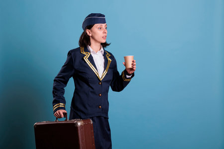 Flight attendant in professional aviation uniform running late, carrying suitcase. Stewardess with baggage walking in airport, woman holding cup of coffee, side view medium shotの写真素材