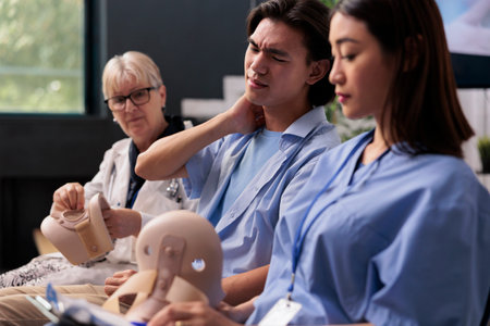 Asian man patient need to remove neck collar while receiving help from nurse and doctor during appointment in hospital waiting area. Young adult wearing cervical brace to recover after accident injuryの写真素材
